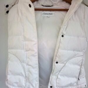 Calvin Klein Women's White Duck Down Puffer Removable Hooded Sleeveless Coat